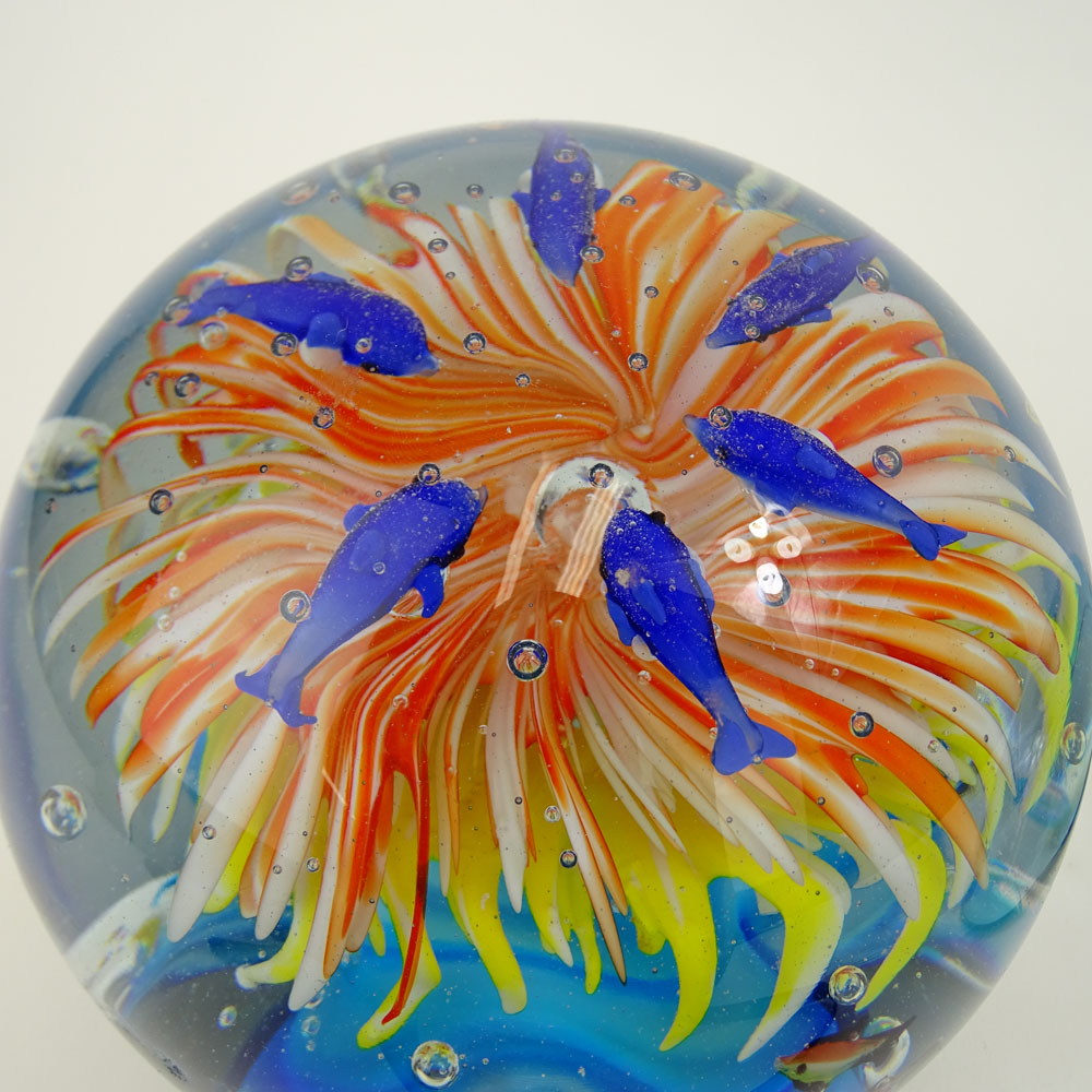 Large Contemporary Art Glass Paperweight with Fish Motif and a Vintage Glass Bowl with Fish Motif.