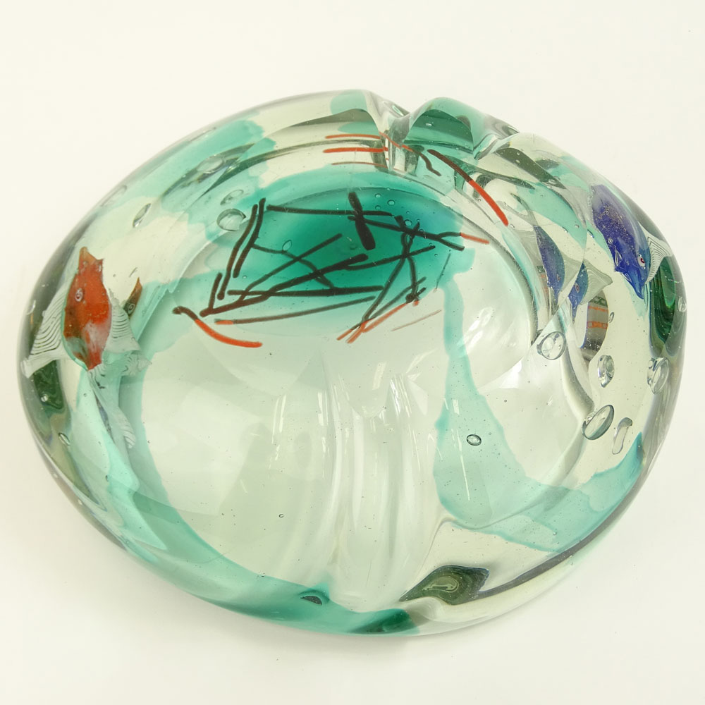 Large and Heavy Contemporary Art Glass Bowl with Fish Motif.