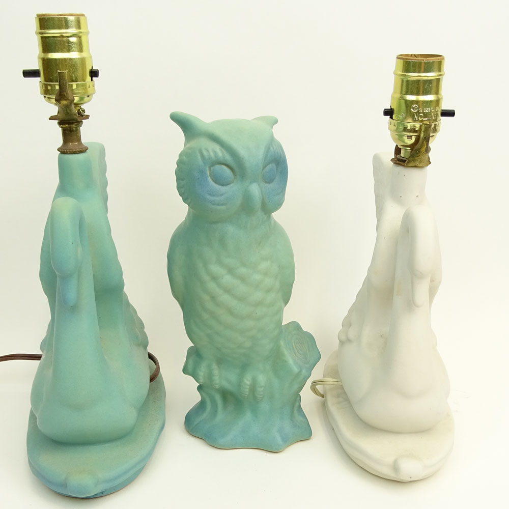 Three (3) Pieces Vintage Van Briggle Pottery Including Two (2) Swan Lamps and One (1) Owl Figure together with The Collector's Encyclopedia of Van Briggle.