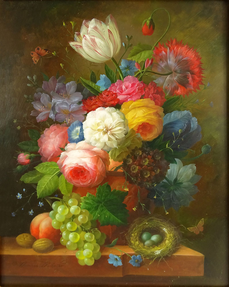 Thomas Webster, Continental (20/21st C) Oil on panel "Still life of flowers in a vase on a stone ledge" 