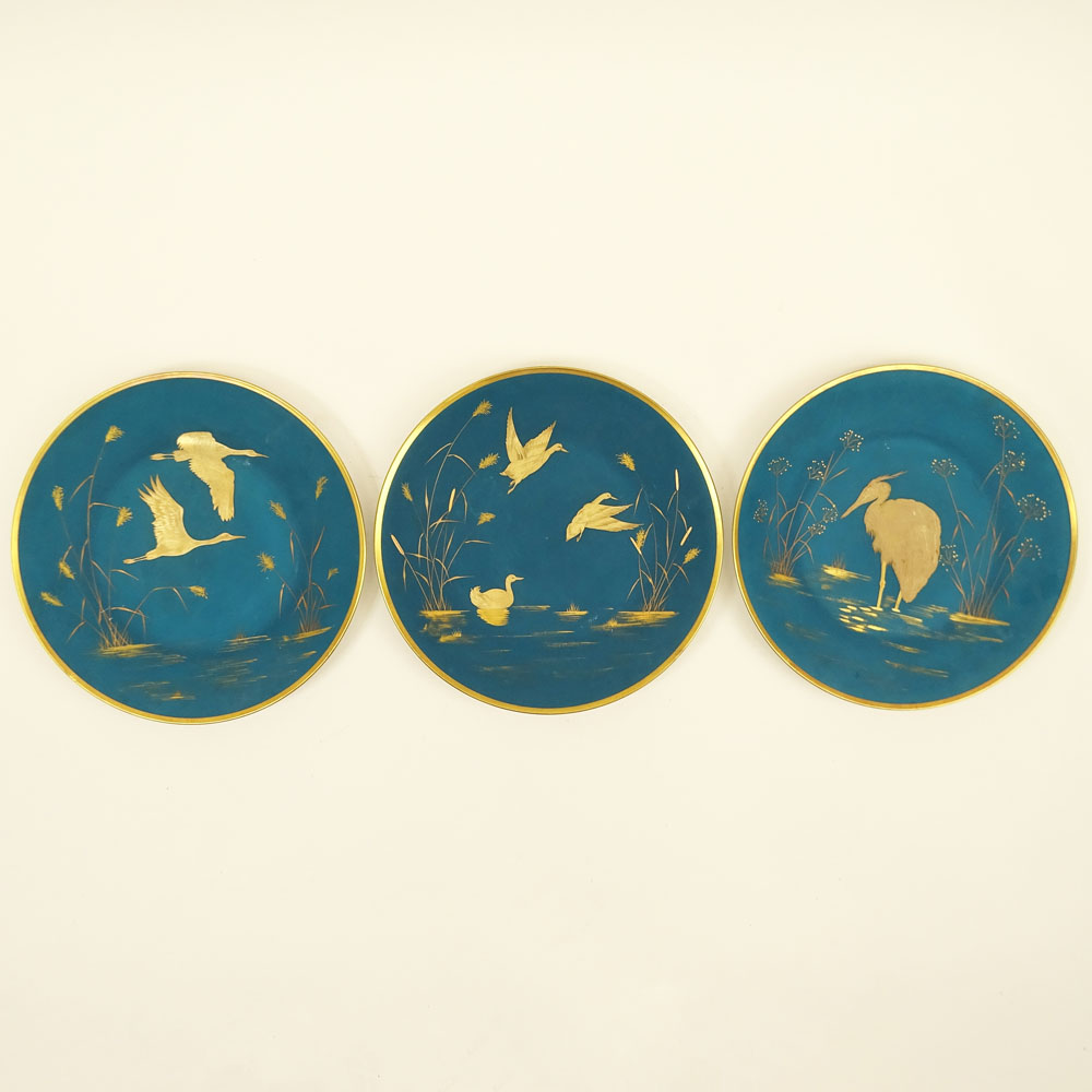 Set of Three (3) Vintage Rosenthal Hand painted Plates.  Gilt birds on turquoise matte ground.