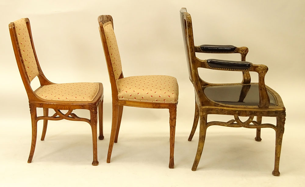 Assembled Set of Six (6) Art Nouveau Carved Wood Chairs.