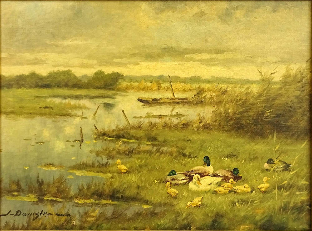 J. Damstra, Dutch (20th C.) Oil on canvas "Ducks Along The Shore". 