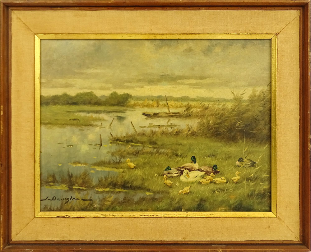 J. Damstra, Dutch (20th C.) Oil on canvas "Ducks Along The Shore". 