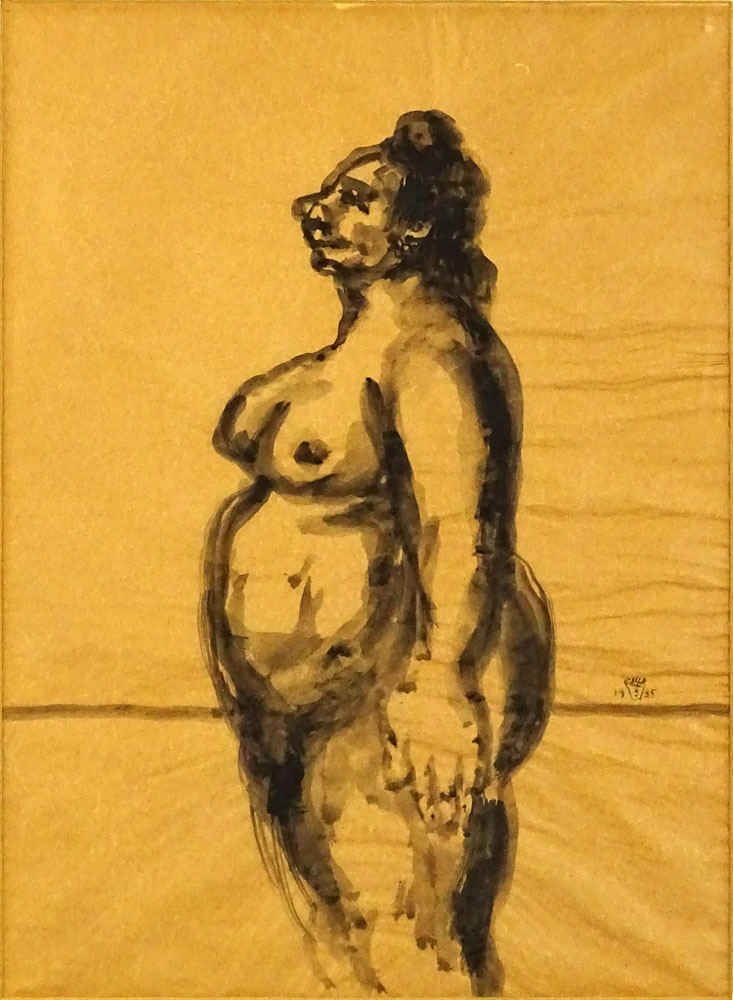 Benjamin D. Kopman (Russian American 1887-1965) Nude figure, Ink Wash Drawing on tan Onion Paper. 