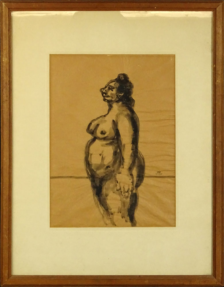 Benjamin D. Kopman (Russian American 1887-1965) Nude figure, Ink Wash Drawing on tan Onion Paper. 