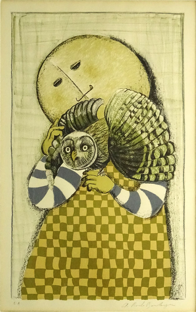 Graciela Rodo Boulanger, Bolivian (b. 1935) Color Lithograph "Girl With Owl"