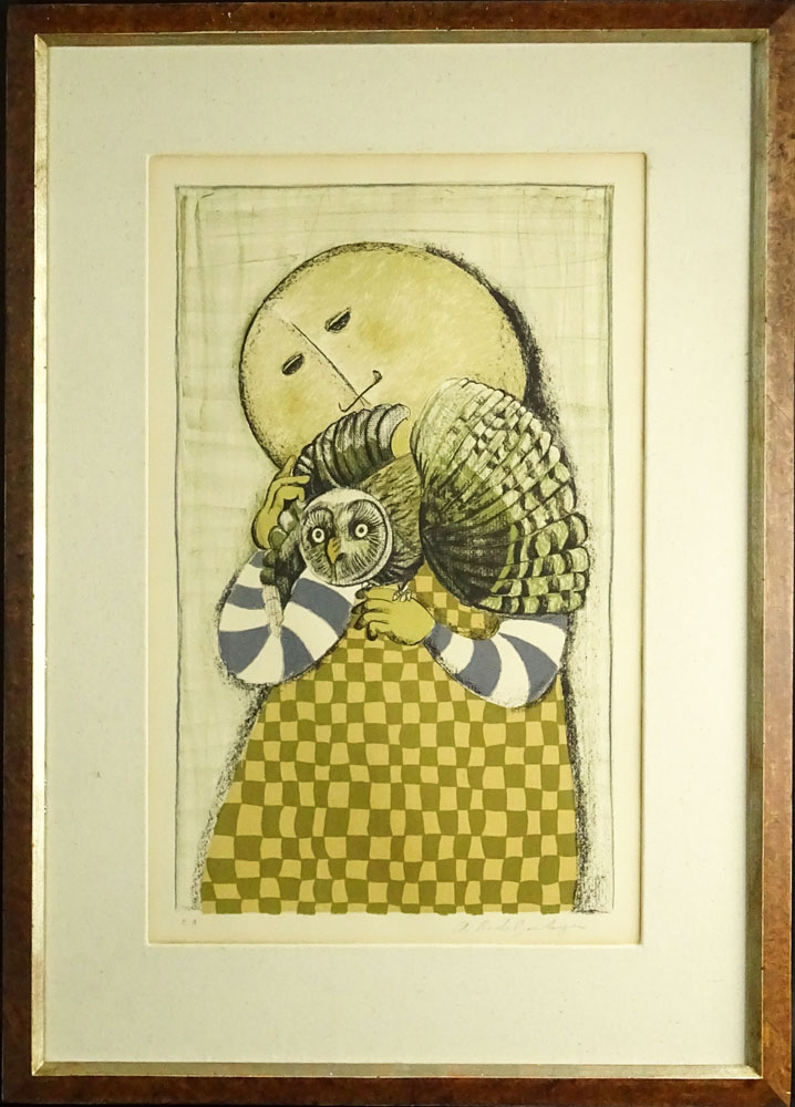 Graciela Rodo Boulanger, Bolivian (b. 1935) Color Lithograph "Girl With Owl"