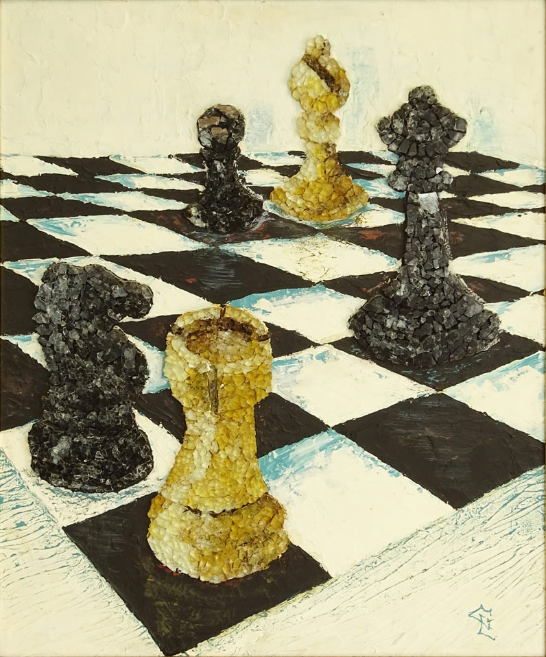 Modern Mixed Media Glass Mosaic and Oil on Panel. "Chess".