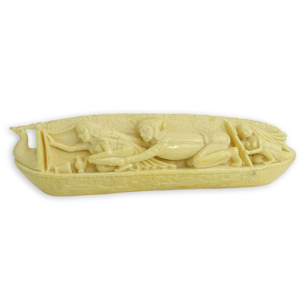 Heavy Vintage Indian Ivory Carving Depicting a Canoe With Figures.