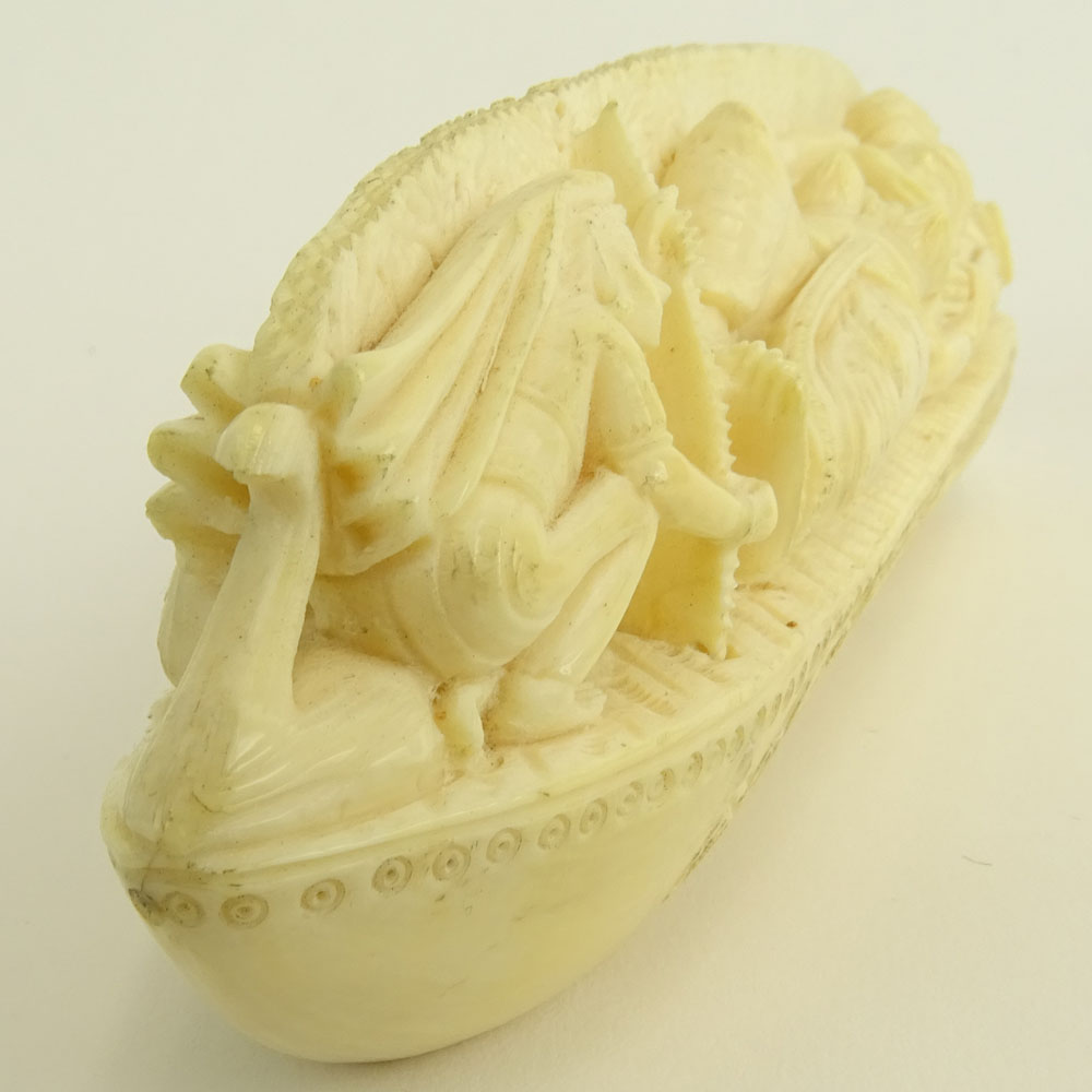 Heavy Vintage Indian Ivory Carving Depicting a Canoe With Figures.