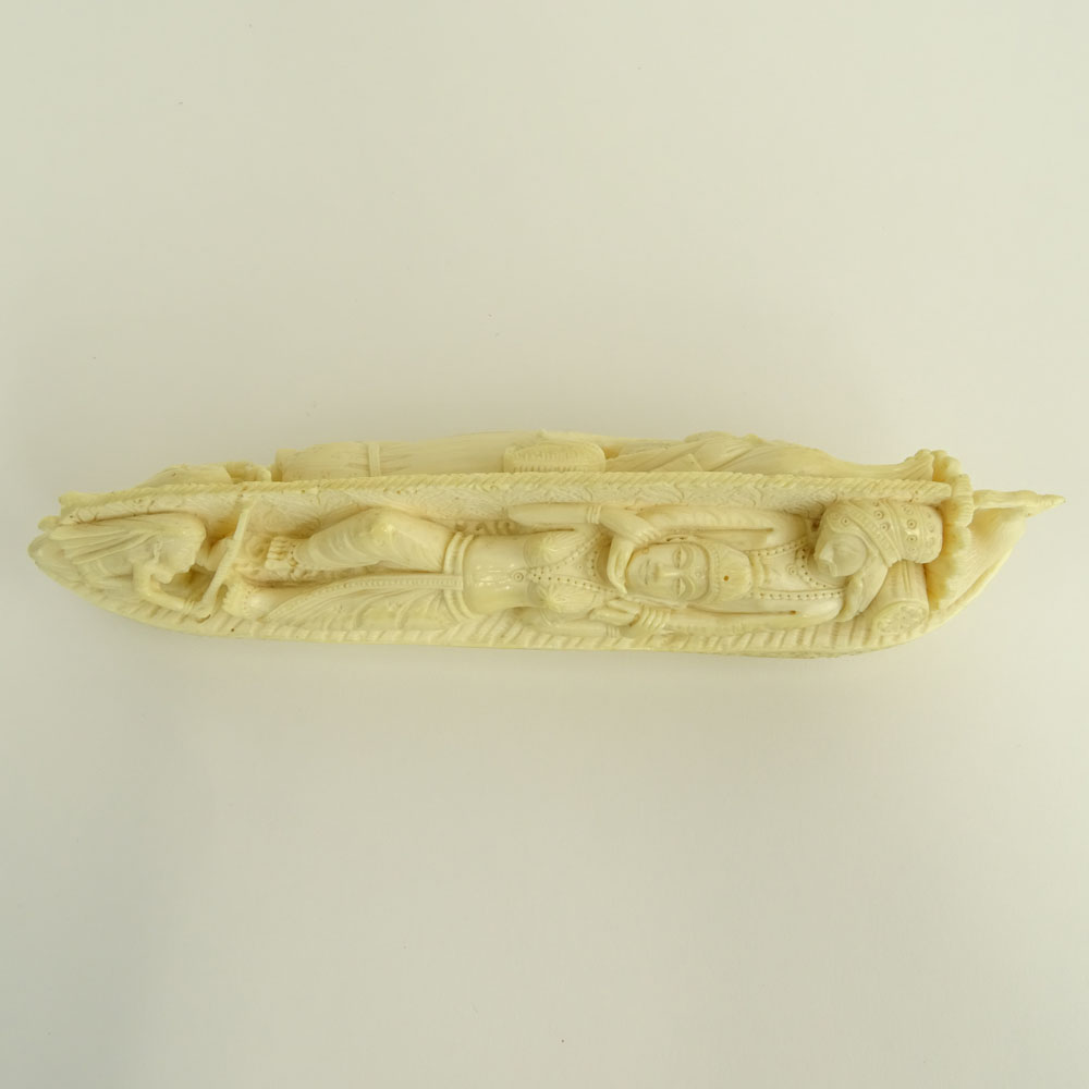 Heavy Vintage Indian Ivory Carving Depicting a Canoe With Figures.