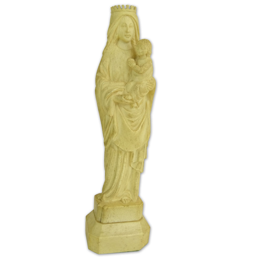 Antique Continental Carved Bone Figure of Madonna and Child.