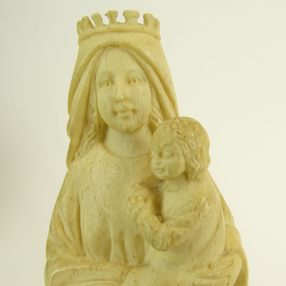 Antique Continental Carved Bone Figure of Madonna and Child.