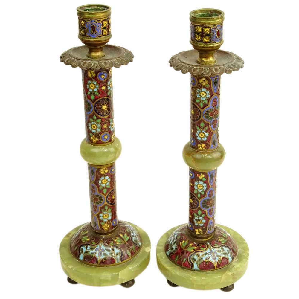 Pair Antique French Cloisonne and Onyx Candlesticks.