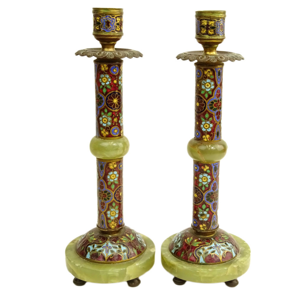 Pair Antique French Cloisonne and Onyx Candlesticks.