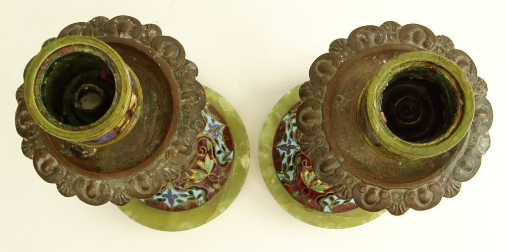 Pair Antique French Cloisonne and Onyx Candlesticks.