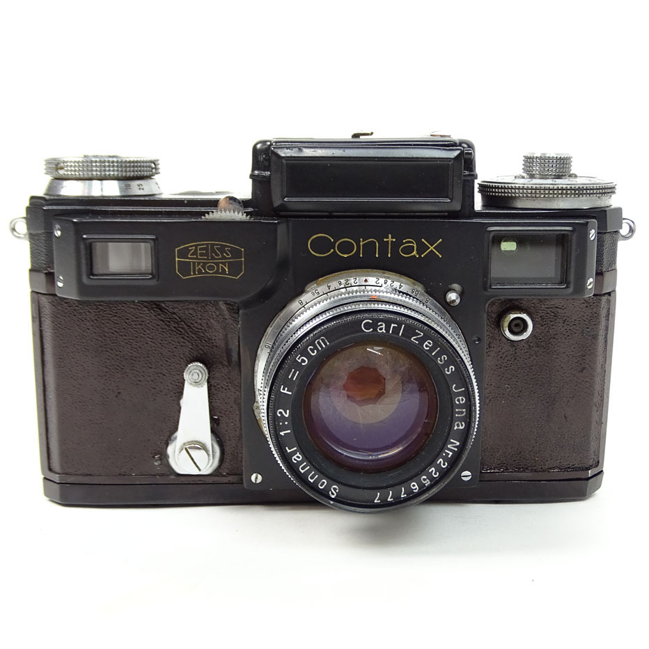 Vintage Zeiss Contax Black Body Camera with Sonnar Lens and Leather Case.