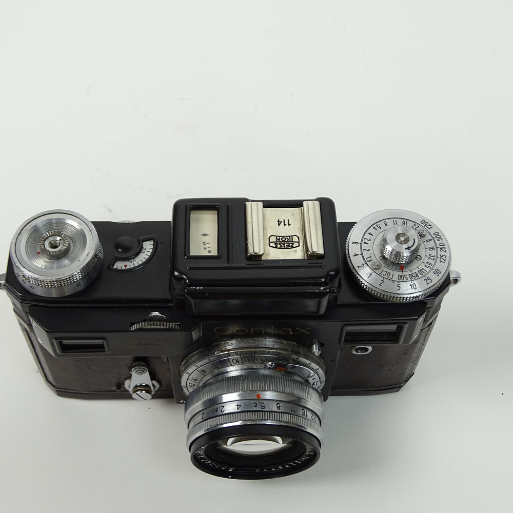Vintage Zeiss Contax Black Body Camera with Sonnar Lens and Leather Case.