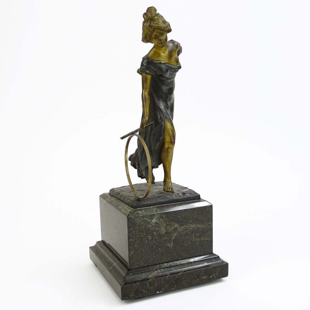 Paolo Ferrari, Italian (19/20th C) Patinated bronze sculpture on marble base "Girl With Hoop" 