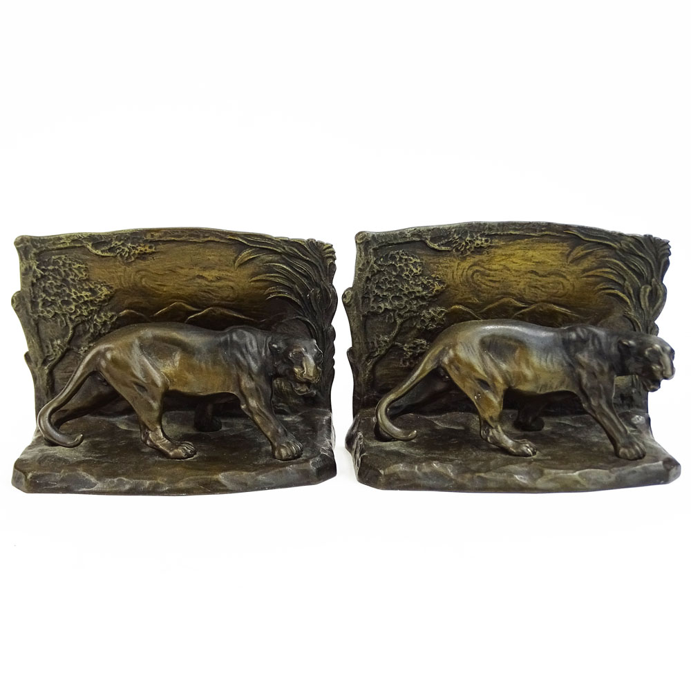 Pair of Austrian Bronze Bookends "Wildcats in Landscapes" 