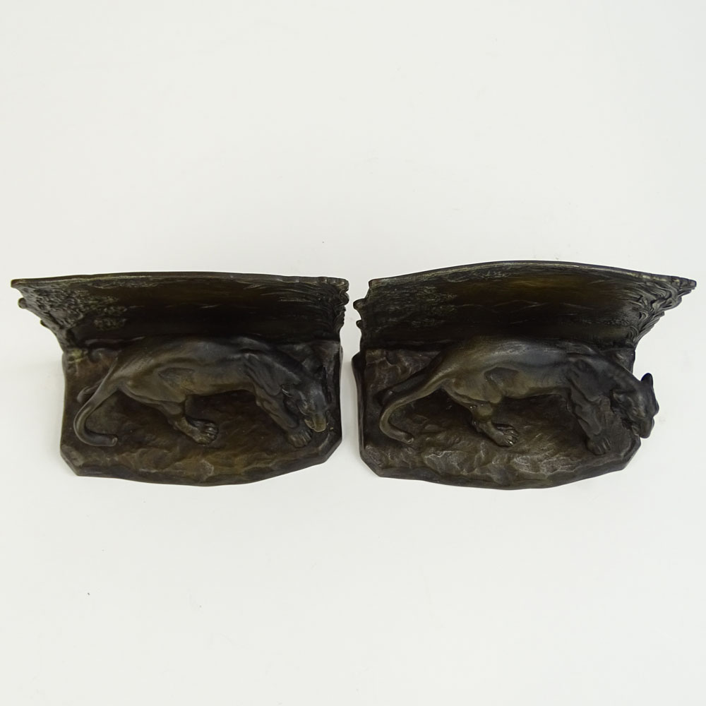 Pair of Austrian Bronze Bookends "Wildcats in Landscapes" 