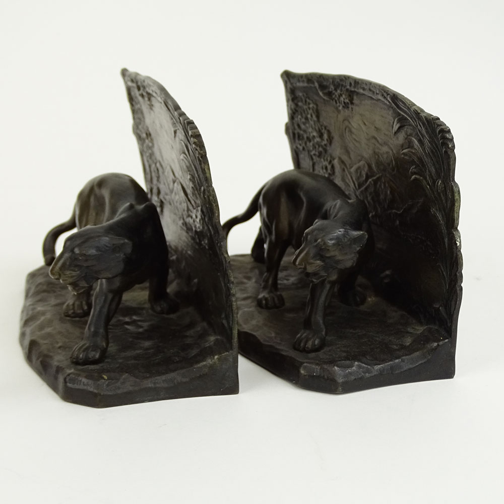 Pair of Austrian Bronze Bookends "Wildcats in Landscapes" 