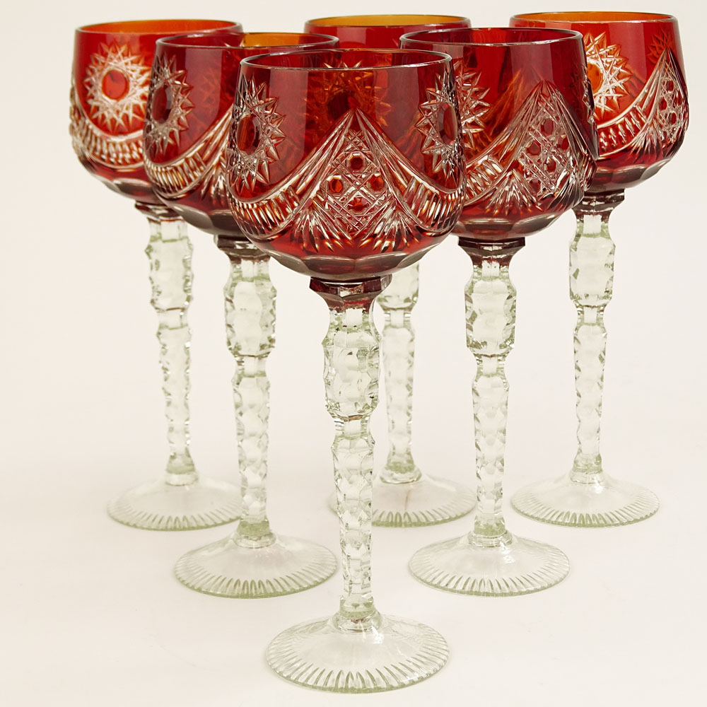 Set of Six (6) Polish Reddish Orange Cut Crystal Wine Hocks.