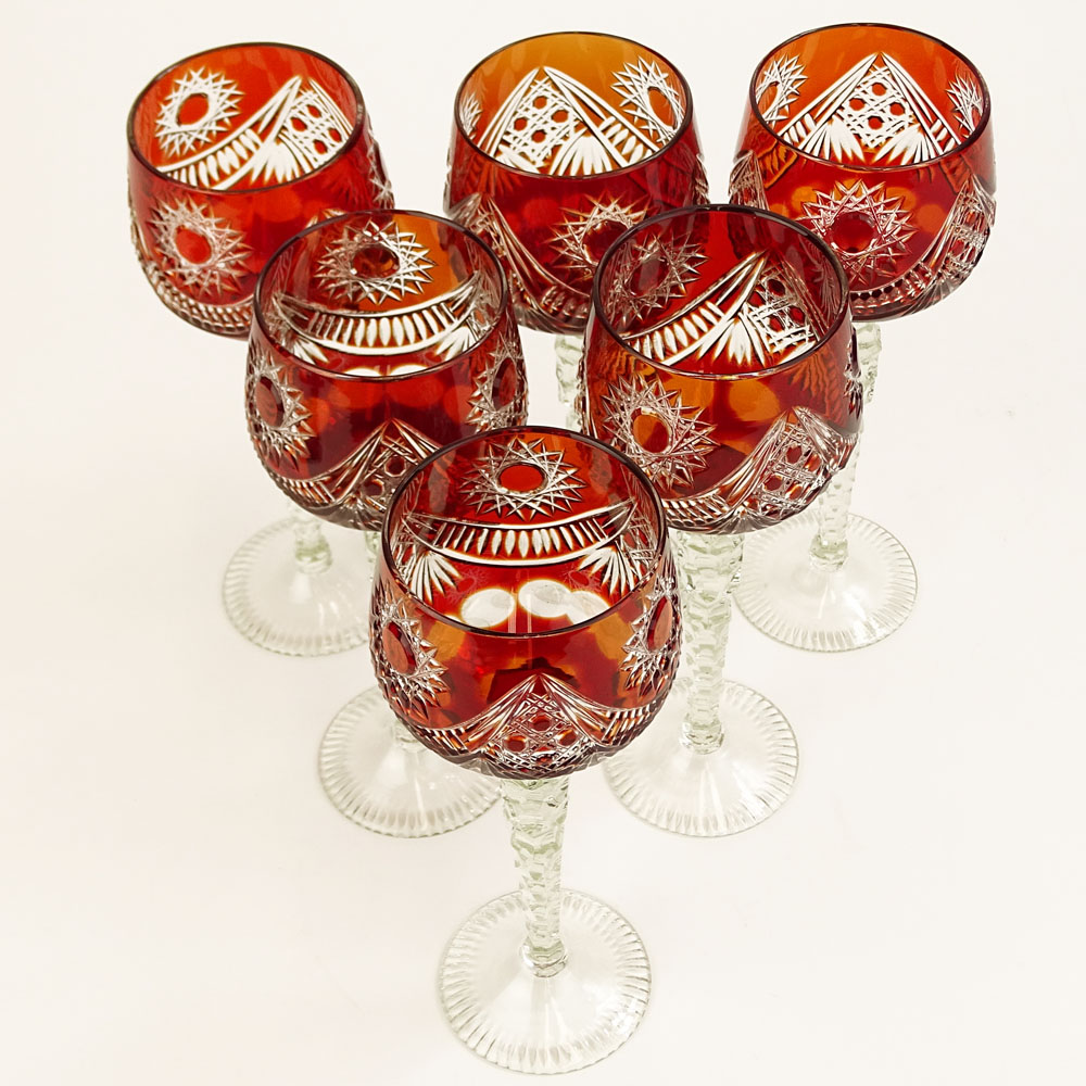 Set of Six (6) Polish Reddish Orange Cut Crystal Wine Hocks.