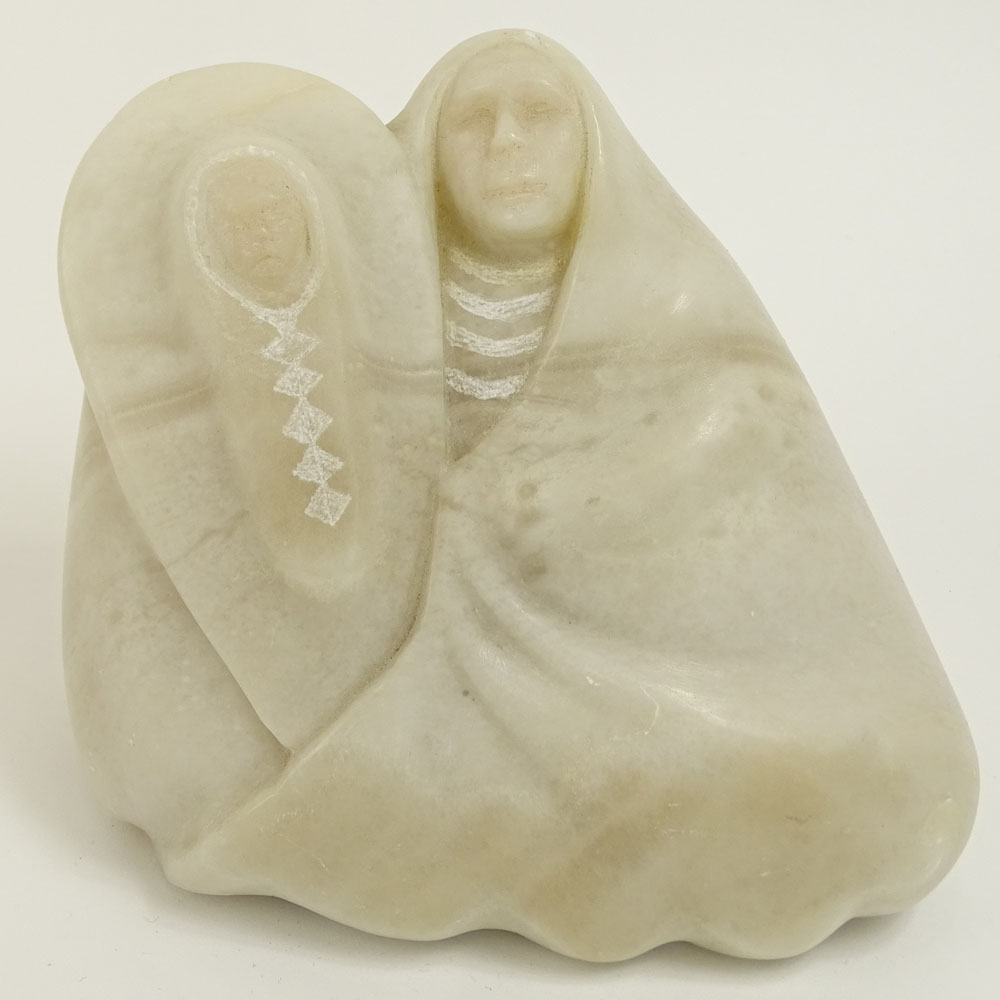 Circa 1987 Native American Carved Alabaster Sculpture, Mother and Child. 