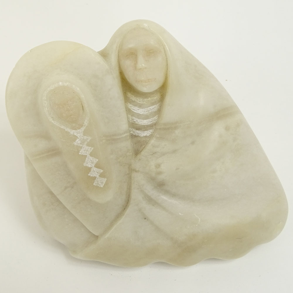 Circa 1987 Native American Carved Alabaster Sculpture, Mother and Child. 