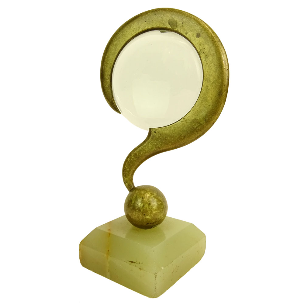Mid Century Bronze Question Mark Magnifying Glass on Plinth Base.