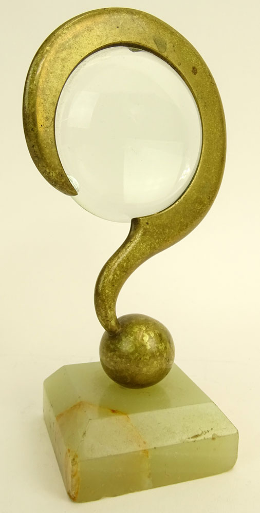 Mid Century Bronze Question Mark Magnifying Glass on Plinth Base.