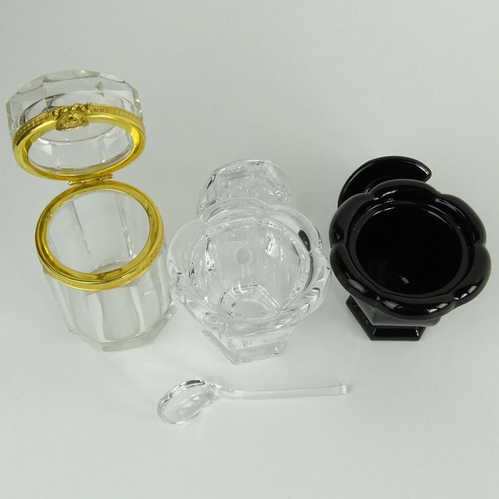 Lot of Two Baccarat Covered Condiment Jars and a Baccarat Style Crystal Bronze Mounted Round Jar.
