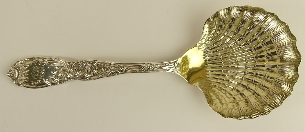 Antique Tiffany & Co Sterling Silver Chrysanthemum Pattern Berry Spoon with Gold Washed Clam Shell Bowl.