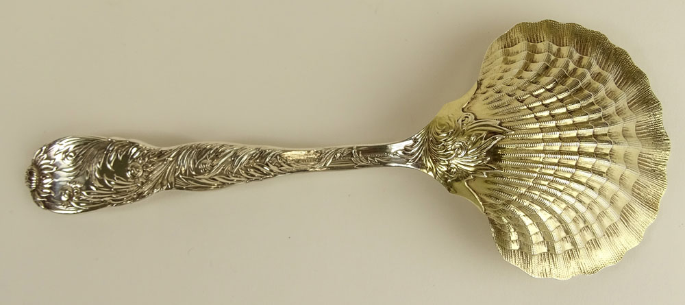 Antique Tiffany & Co Sterling Silver Chrysanthemum Pattern Berry Spoon with Gold Washed Clam Shell Bowl.