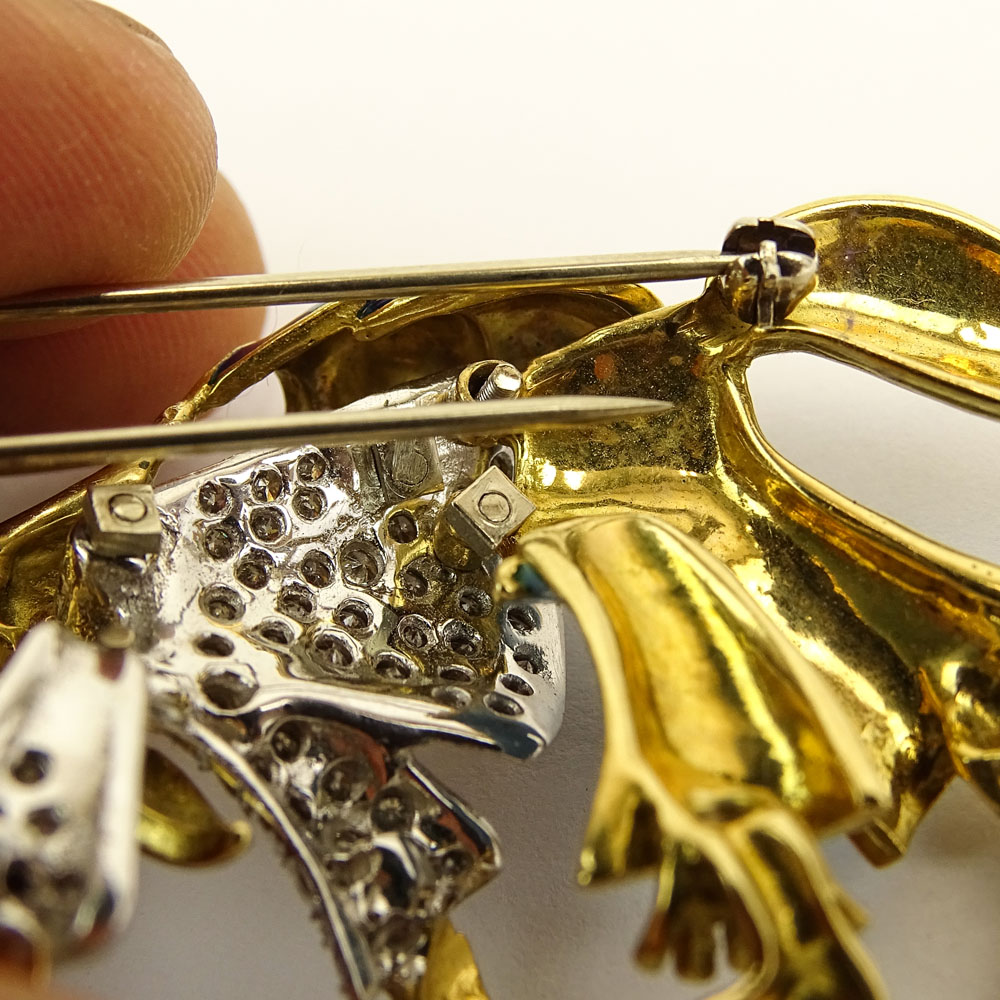 Vintage 18 Karat Yellow Gold and Enamel Fox Brooch Accented with Round Brilliant Cut Diamonds.