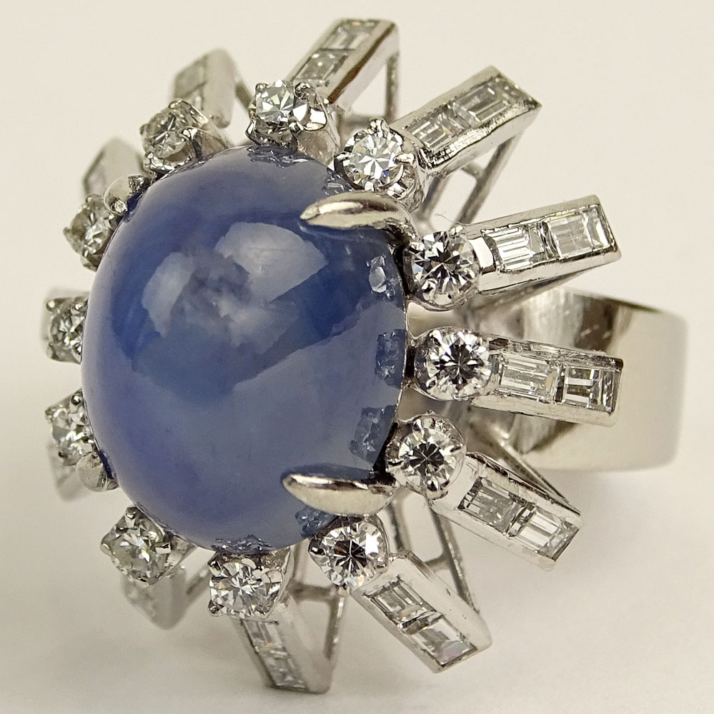 Retro Approx. 15.0 Carat Star Sapphire, 2.0 Carat Round and Baguette Cut Diamond and Platinum Ring. 