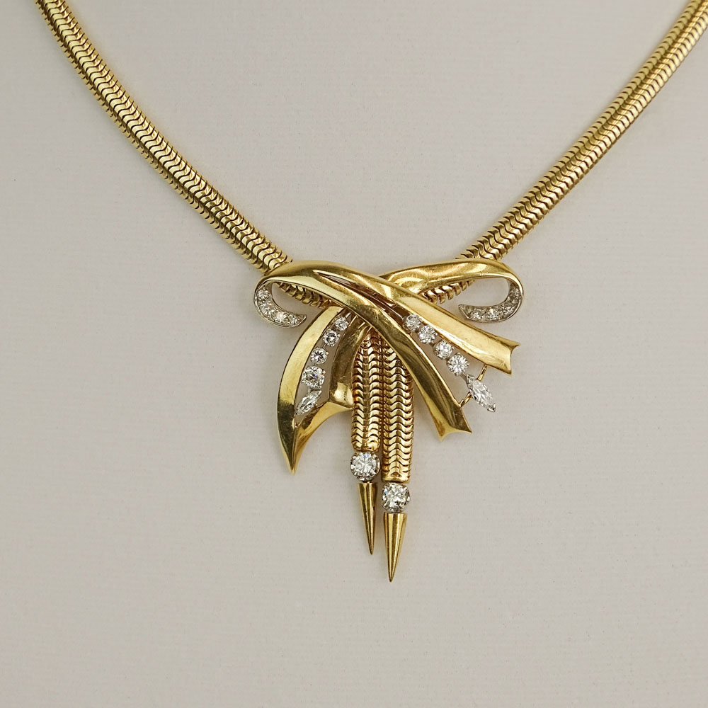 Vintage 14 Karat Yellow Gold and Approx. 2.50 Carat Round Brilliant Cut Diamond Lariat style Pendant Necklace.