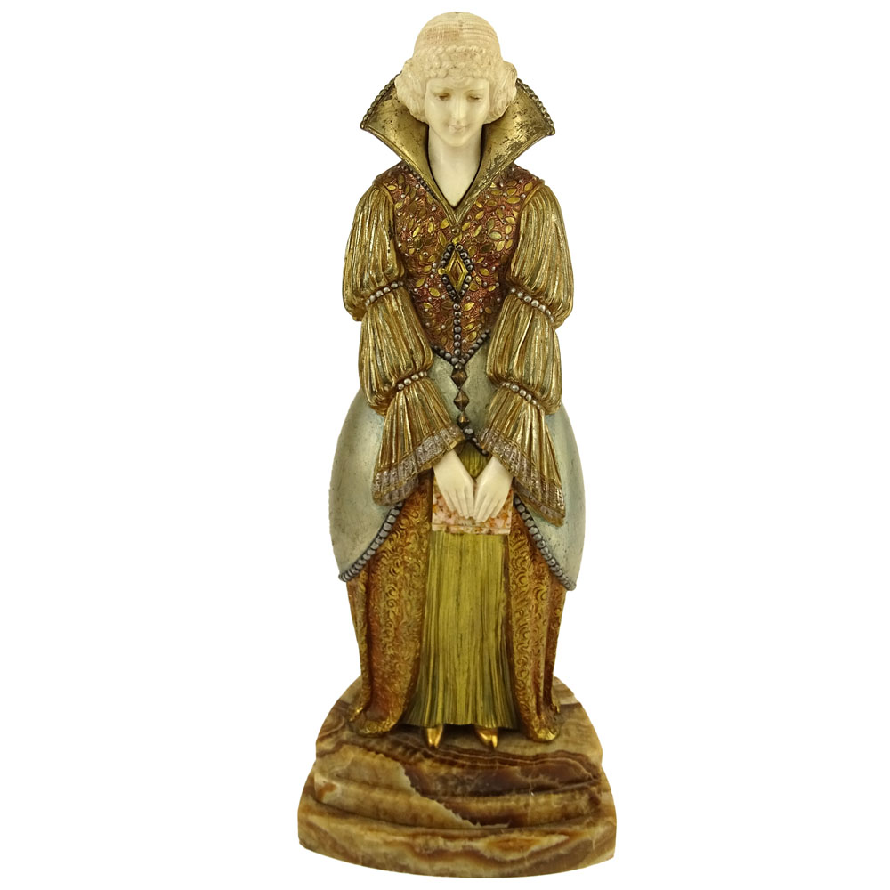 Demetre Chiparus, Romanian (1886-1947) "After Reading", Circa 1925 Gilt and Cold Painted Bronze Sculpture on Stepped Onyx Base. 