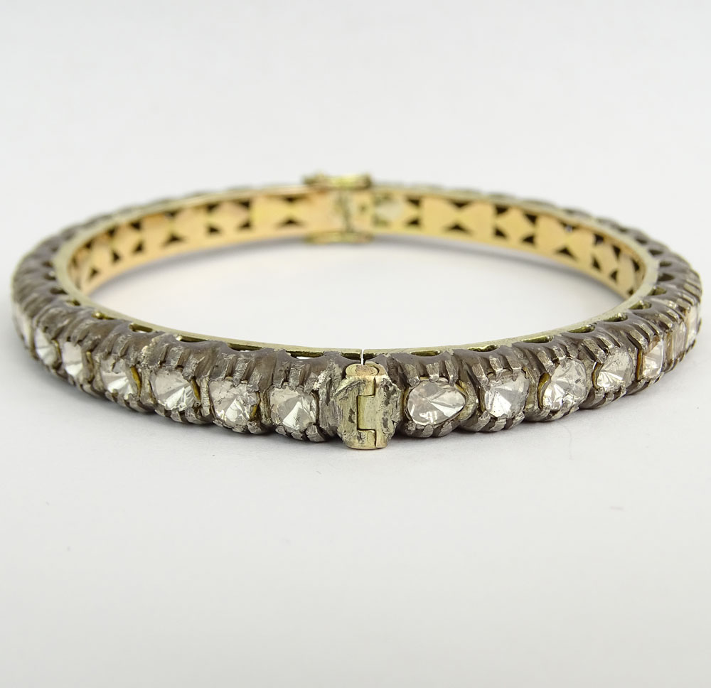 14 Karat Yellow Gold, Silver and Diamond Bangle Bracelet. 