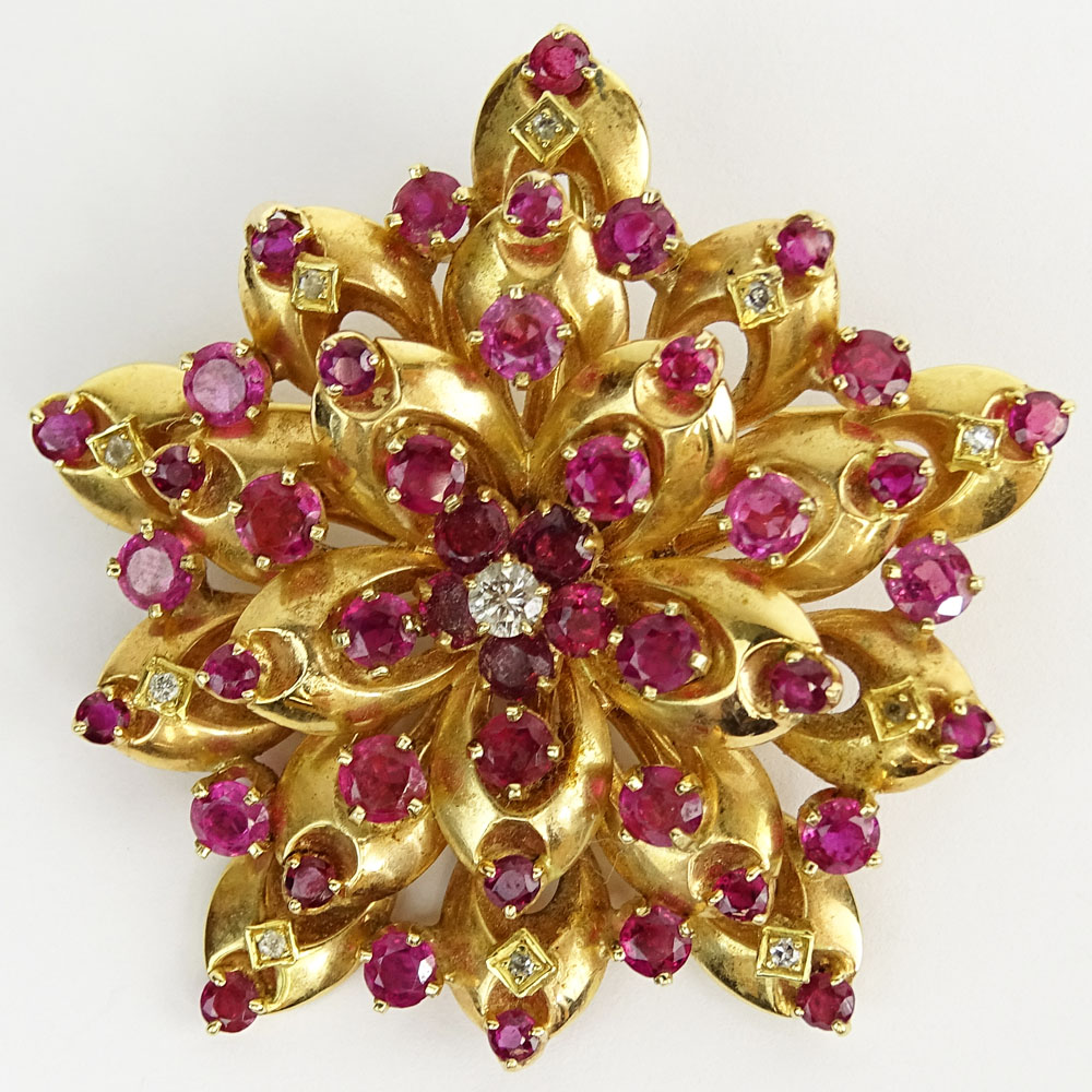 Vintage Round Cut Ruby, Diamond and 14 Karat Yellow Gold Pendant/Brooch. Stamped Tiffany 14K. 