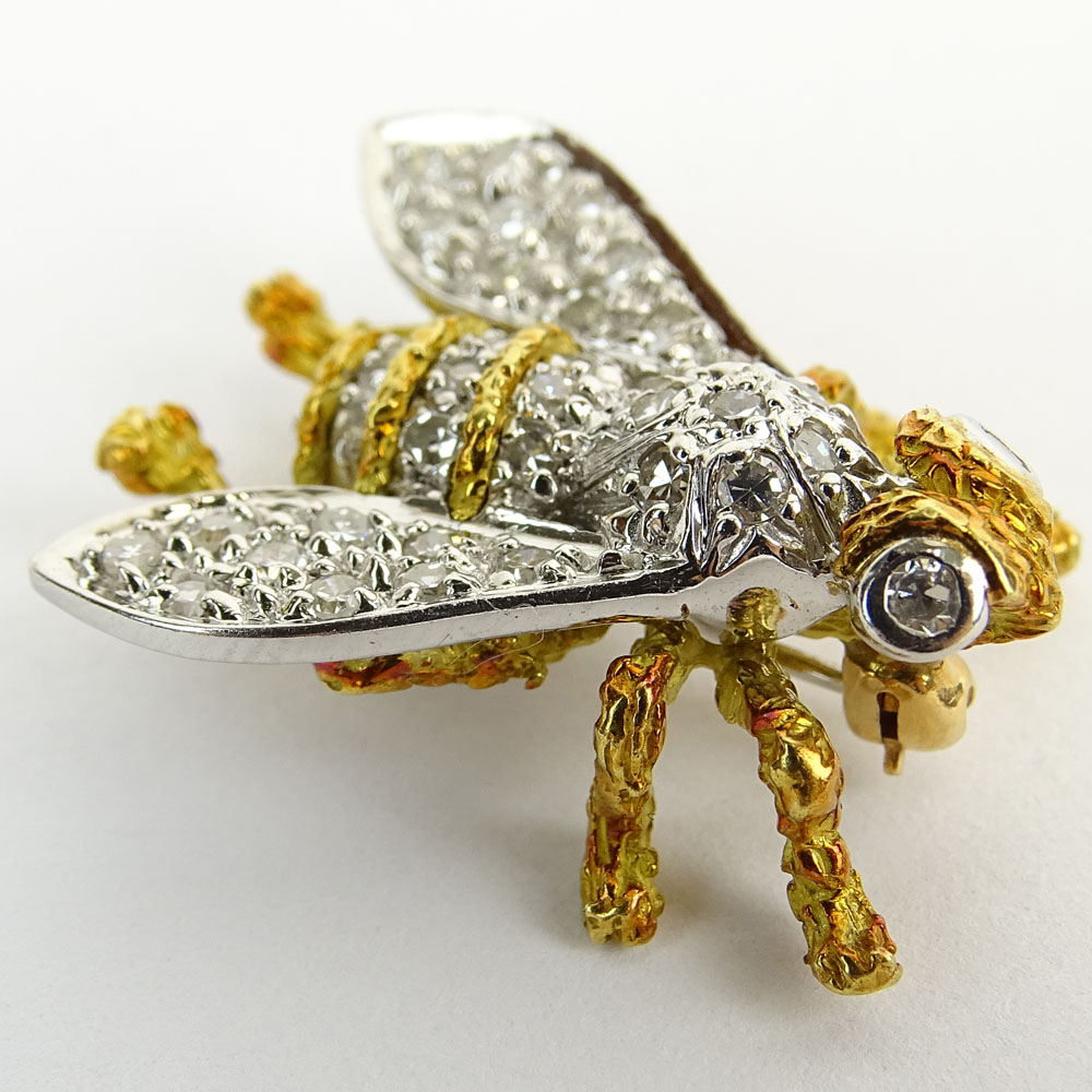 Vintage Round Cut Diamond and 18 Karat Yellow and White Gold Fly Brooch.