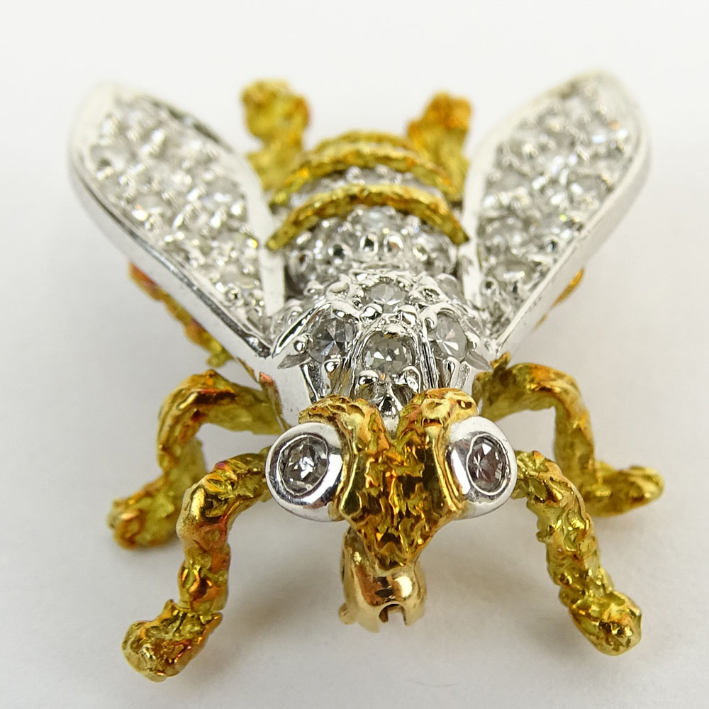 Vintage Round Cut Diamond and 18 Karat Yellow and White Gold Fly Brooch.