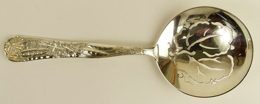 Antique Tiffany & Co. Vine-Peapod Pattern Sterling Silver Pea Spoon, ca. 1872. Monogrammed.