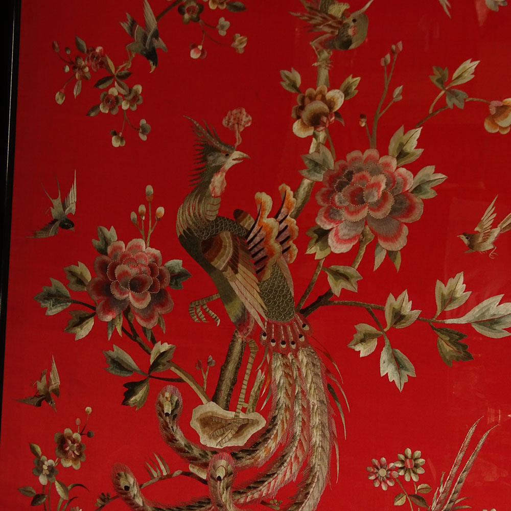 Antique Chinese Silk Forbidden Stich Embroidery Panel with Phoenix Bird and Prunus Blossom Motif.