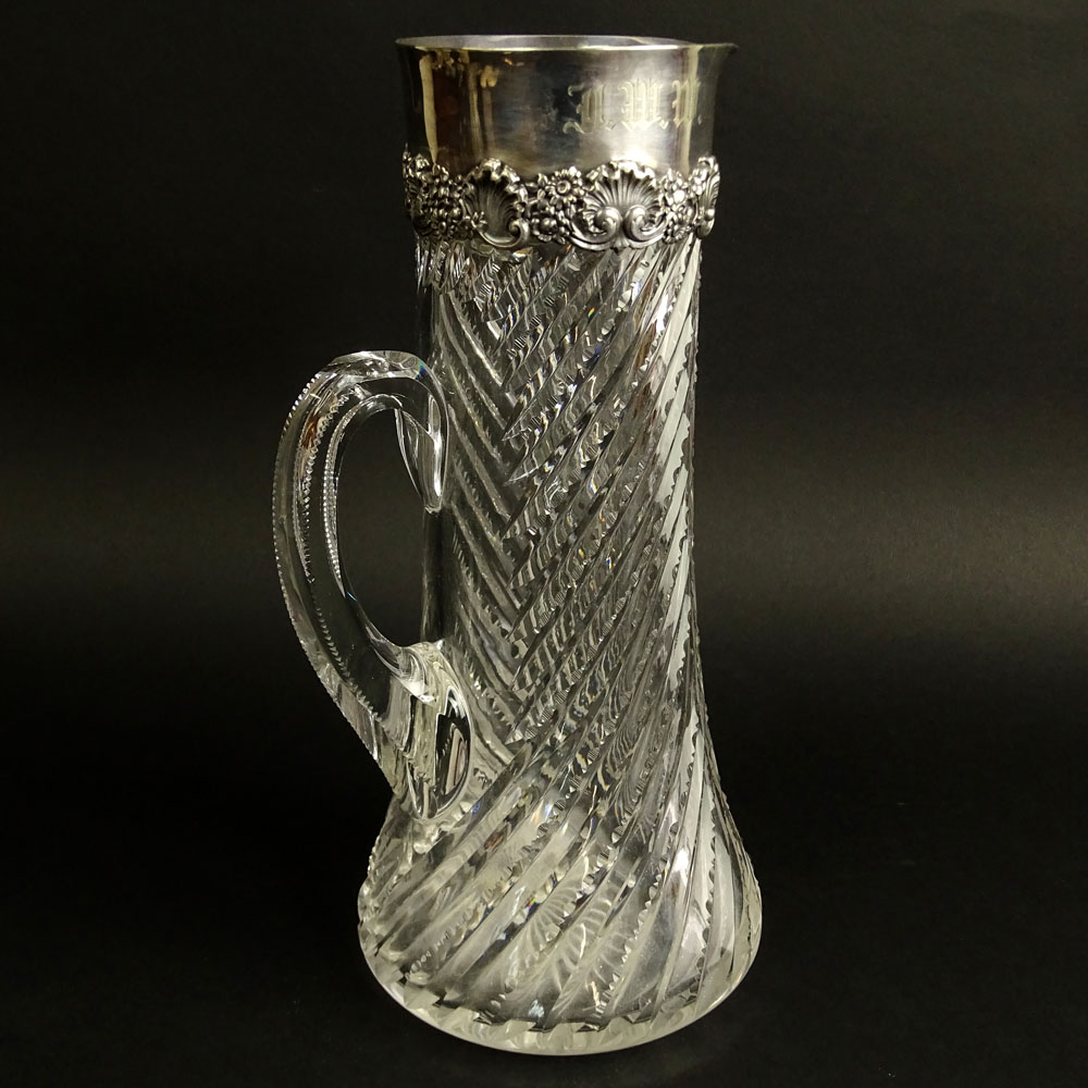 19/20th Century Tiffany & Co. Cut Crystal and Sterling Silver Pitcher. Monogrammed.