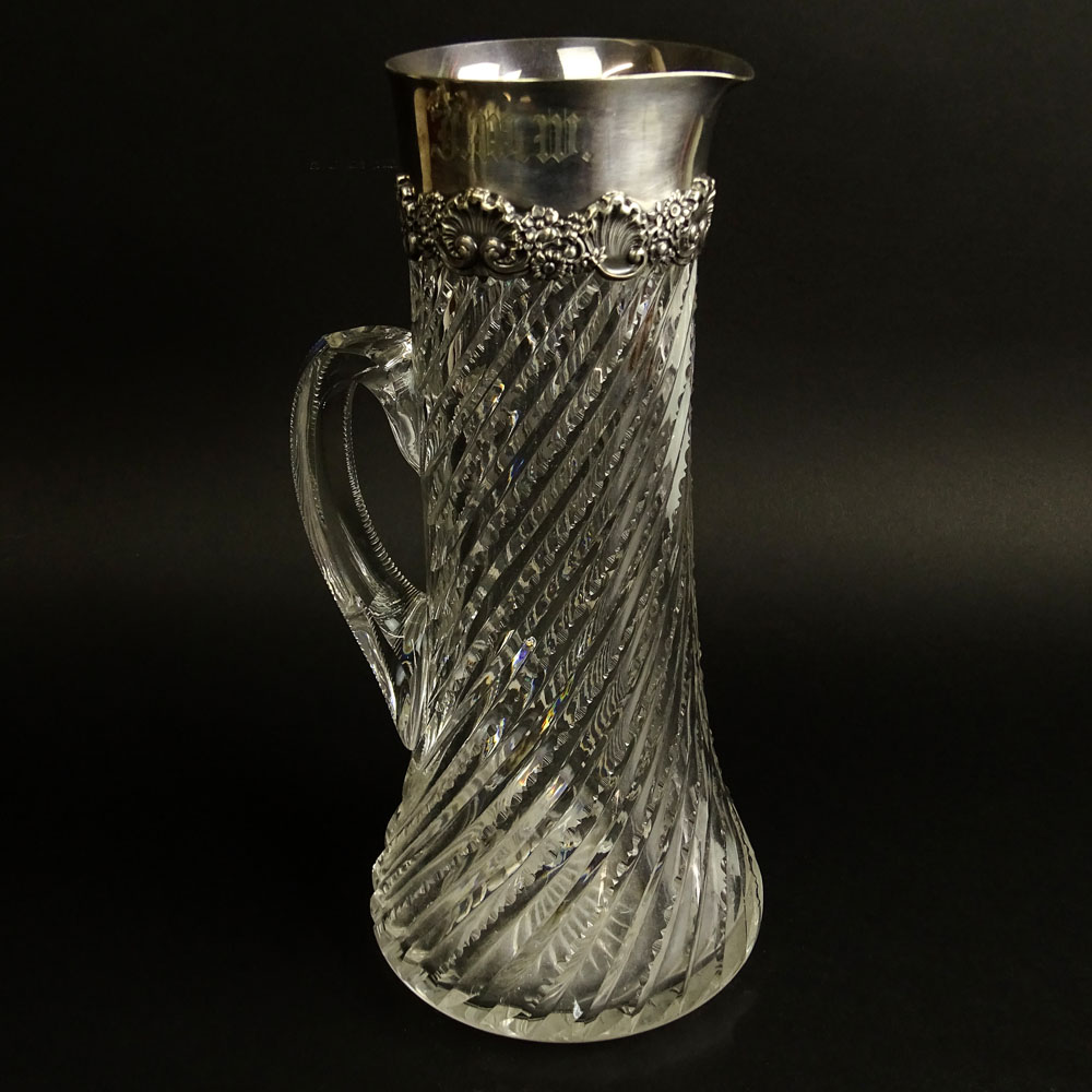 19/20th Century Tiffany & Co. Cut Crystal and Sterling Silver Pitcher. Monogrammed.