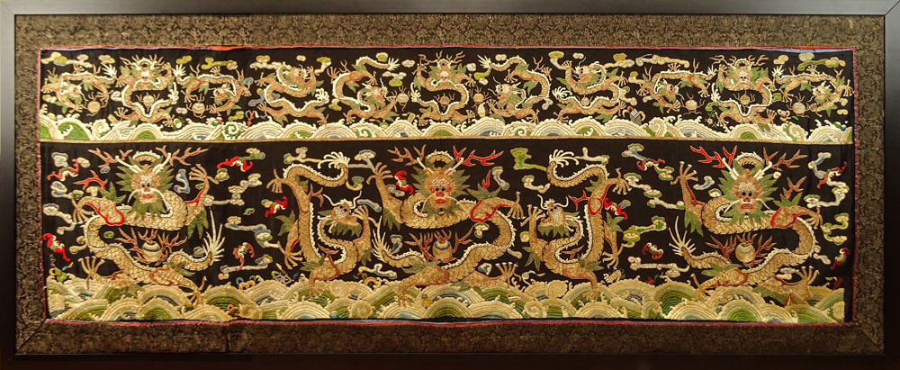 Fine Quality Antique Chinese Silk and 24 Karat Gold Embroidery Panel with Dragon Motif.