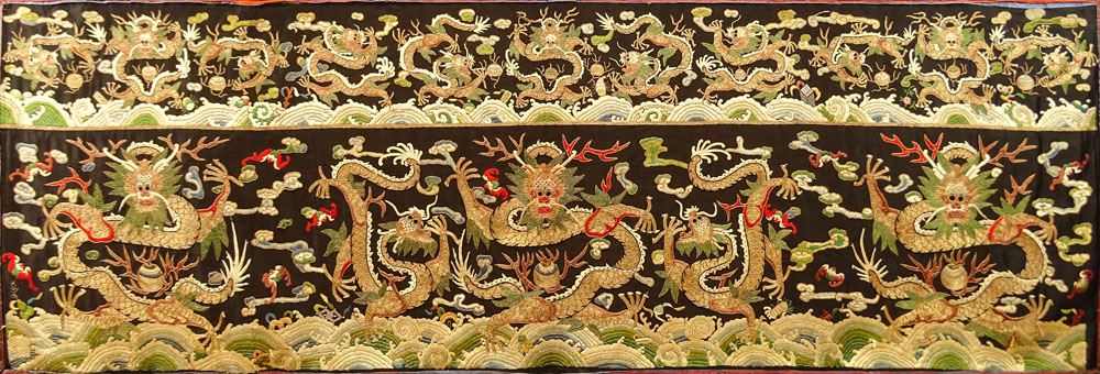 Fine Quality Antique Chinese Silk and 24 Karat Gold Embroidery Panel with Dragon Motif.